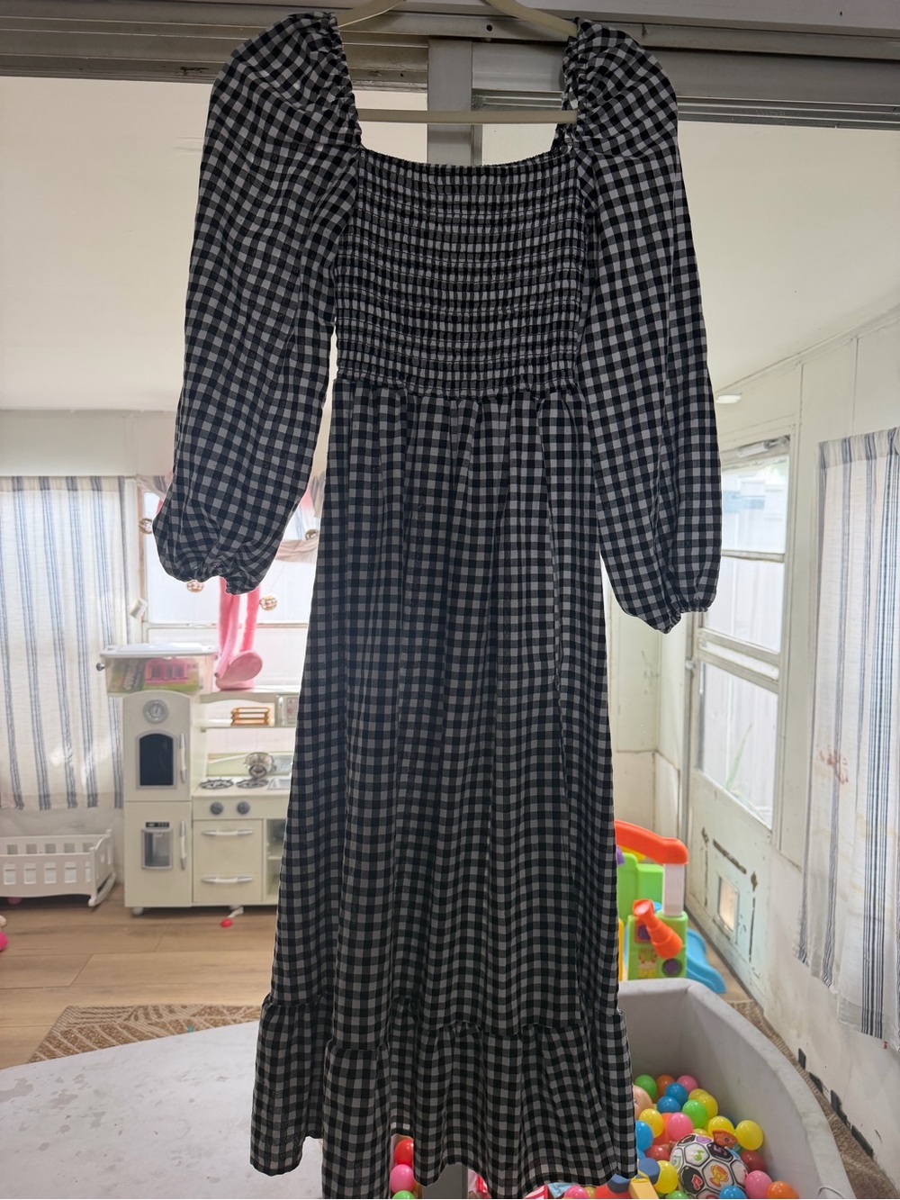 Black & White Gingham Smocked Midi Dress